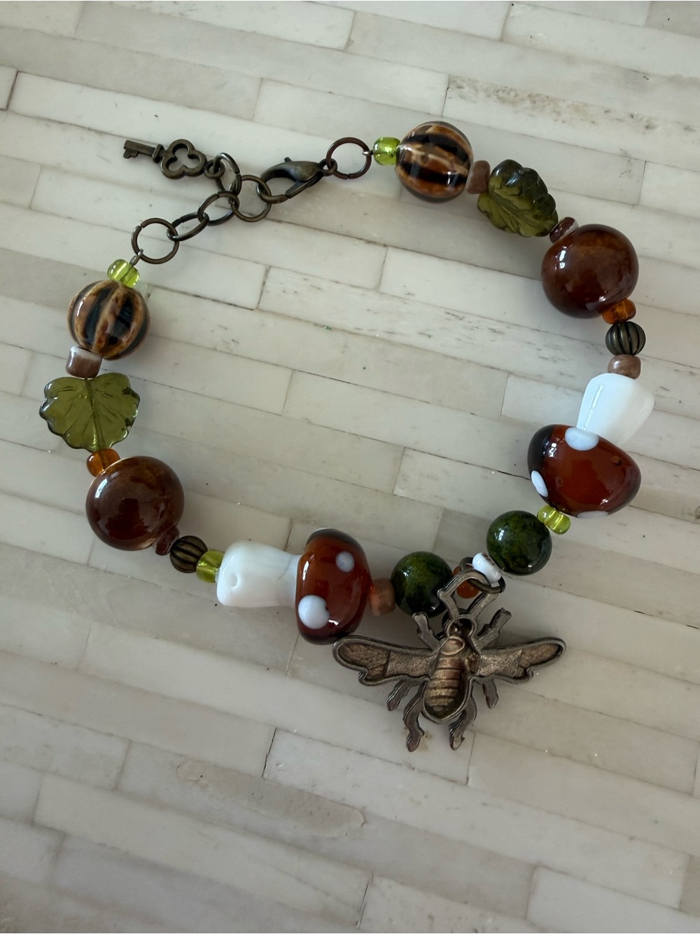 Handmade Brown Green White Bee Charm Beaded Bracelet